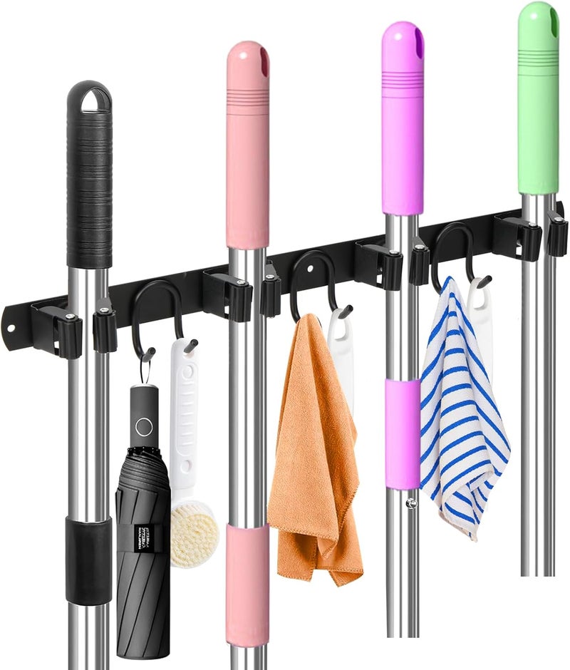 GUUKAR Mop Broom Holder Wall Mount, Black Stainless Steel Tool Storage Organizer for Kitchen Garden Garage Laundry Room Bathroom and RV with 4 Slots 6 Hooks - Image 2